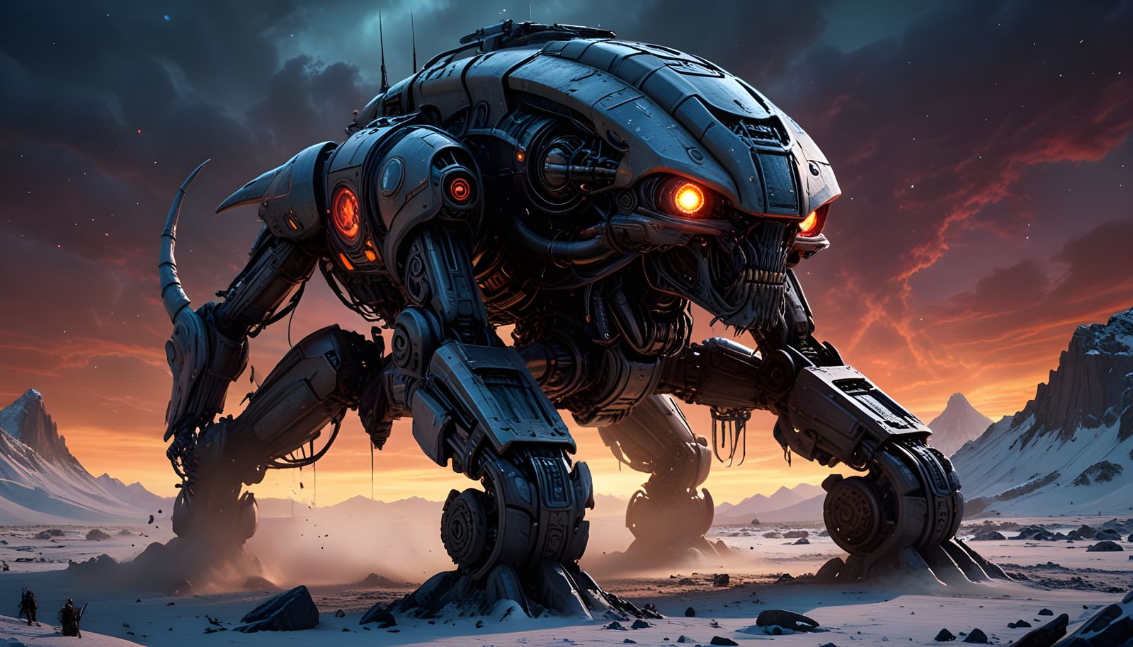 Hyperrealistic Alien War Machine on a Frozen Lake