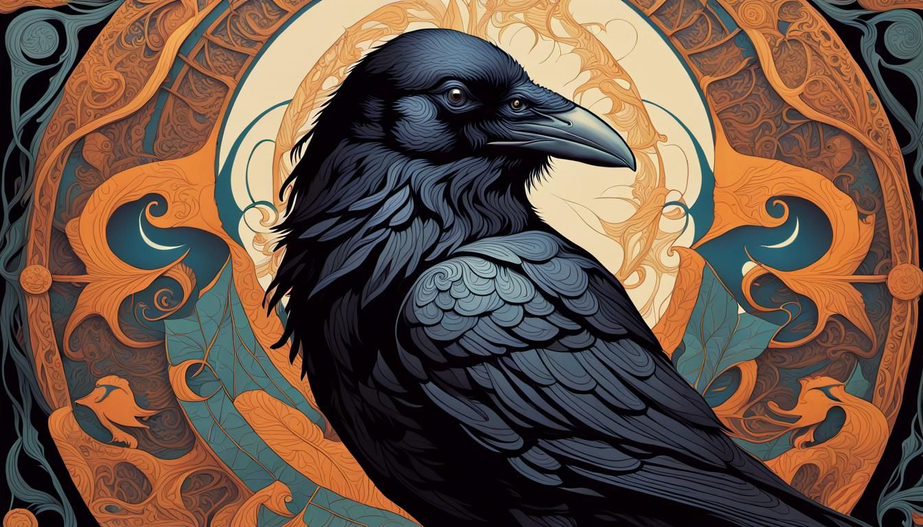 Psychedelic Raven: Art Nouveau Surrealism Poster