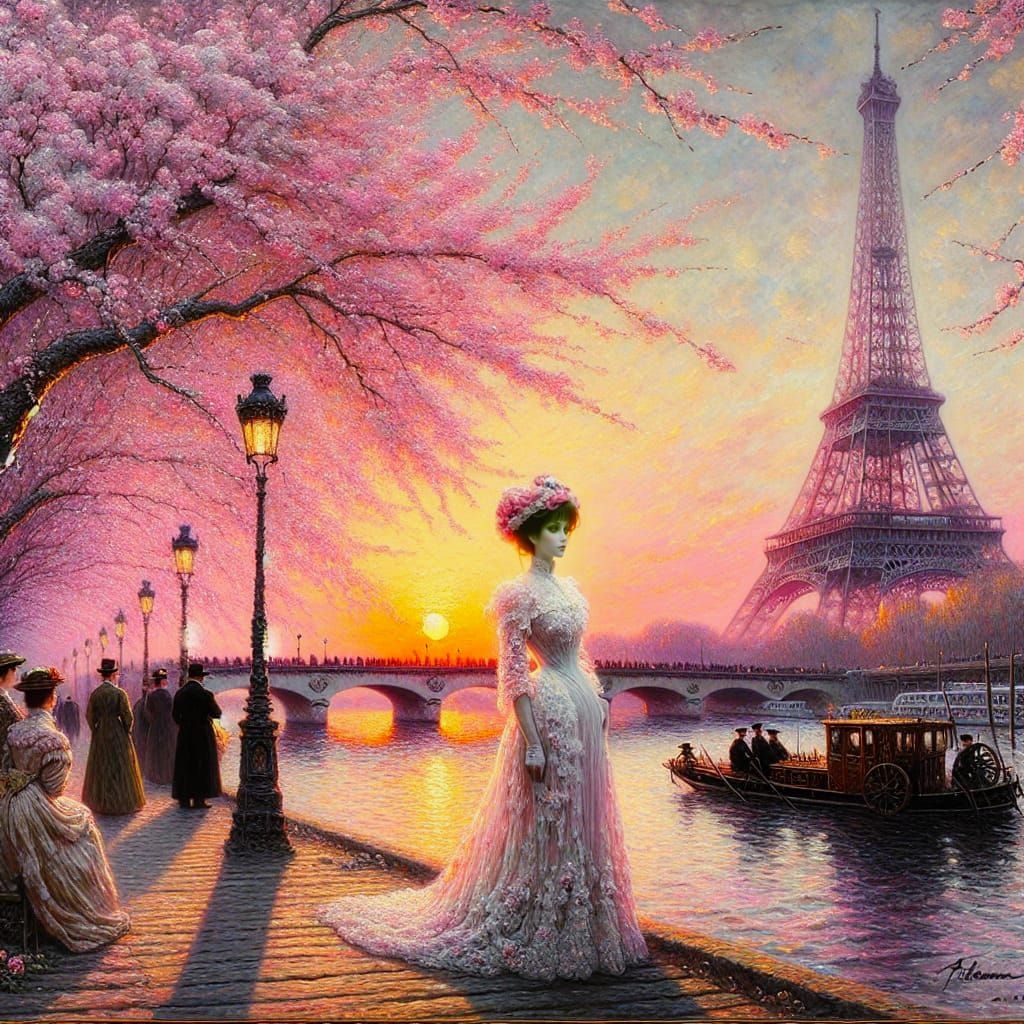 Ethereal Sunset over 1890s Paris in Encaustic Impasto Style