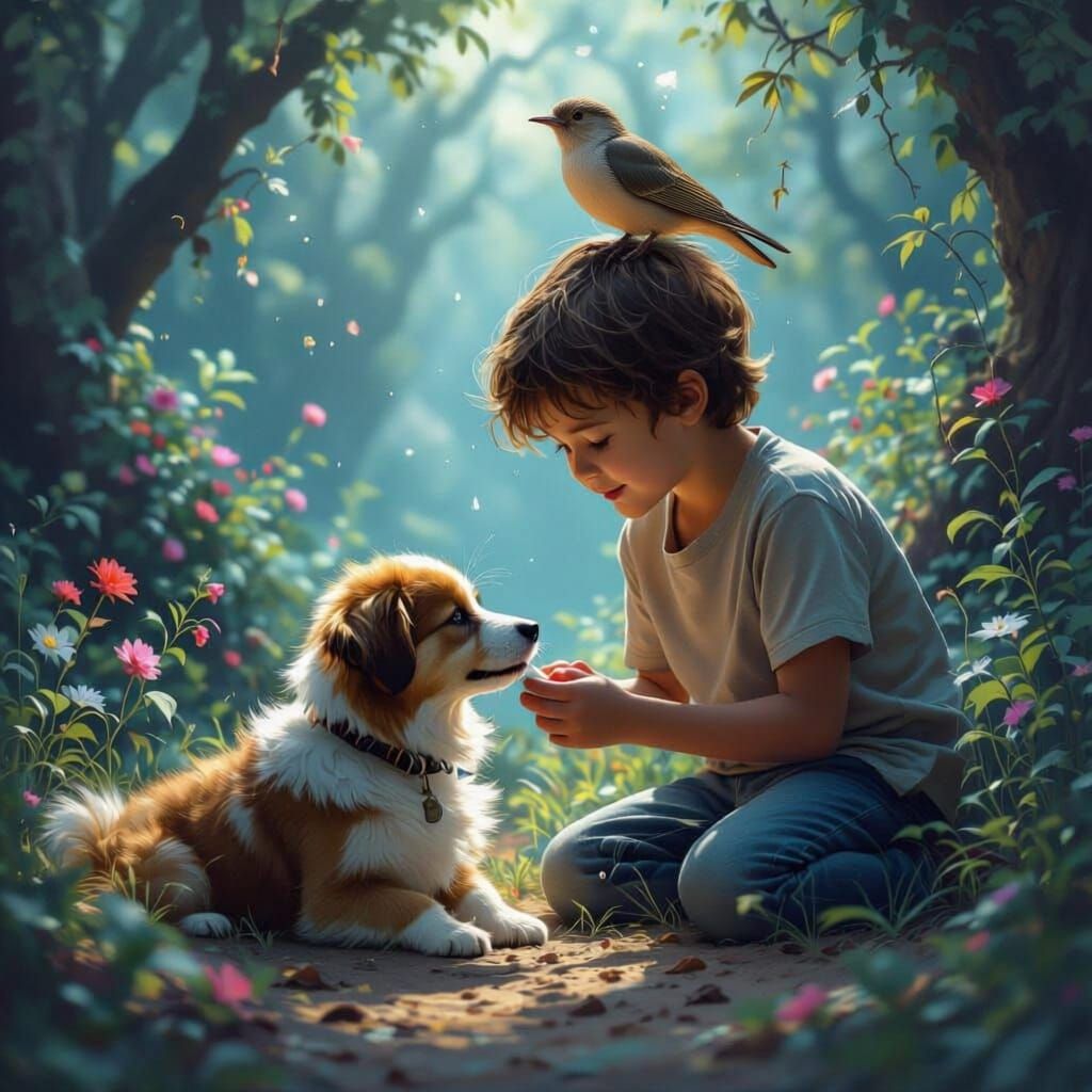 Young Boy Plays with Toy in Fantasy Concept Art Style