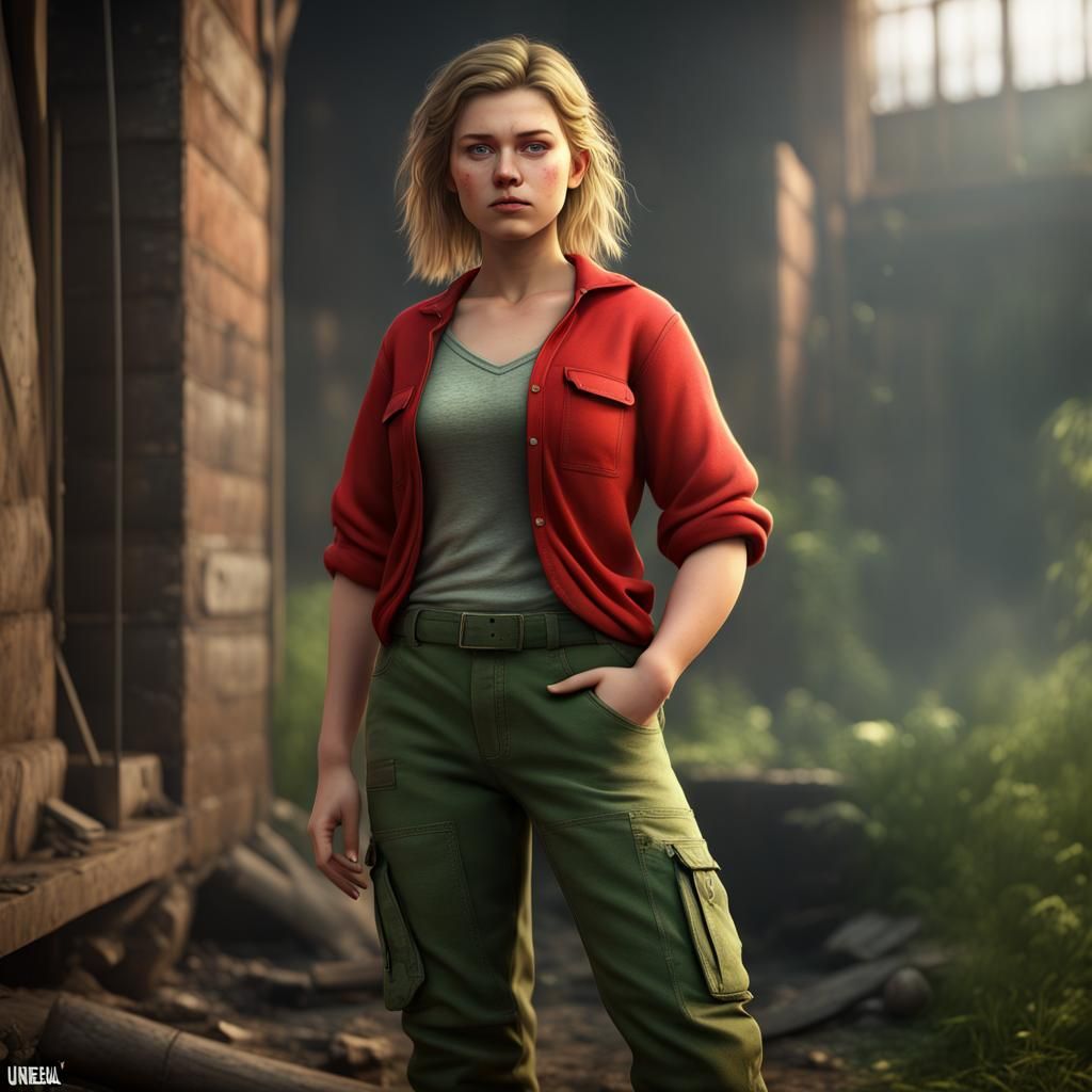 Teenage Girl in Green Cargo Pants, Detailed Painting