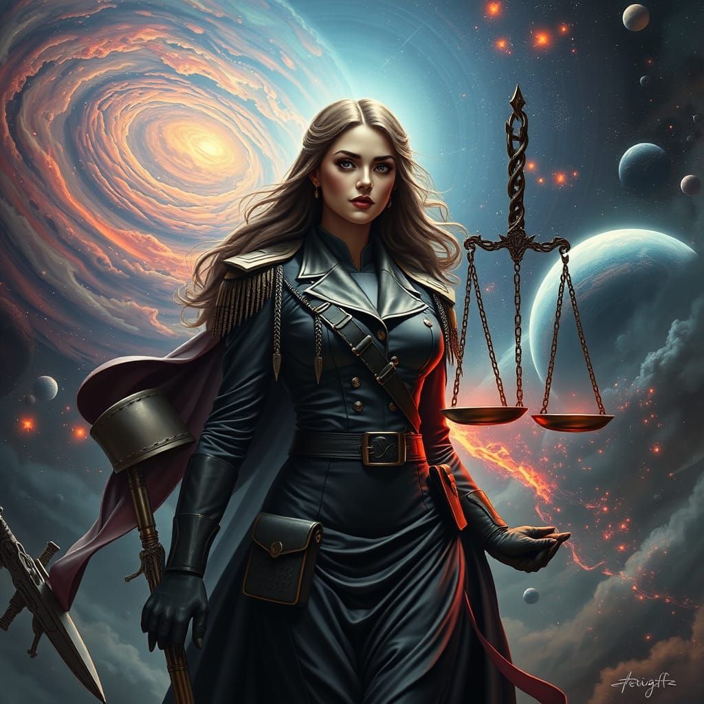 Majestic Justice Figure in Surreal Military Attire Amidst Ce...