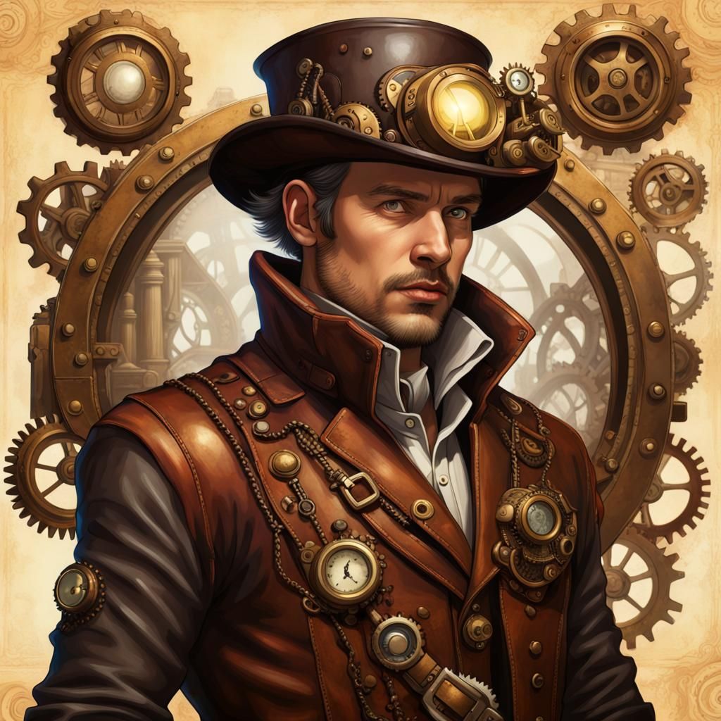 Steampunk Explorer Portrait Amidst Mechanical Gears
