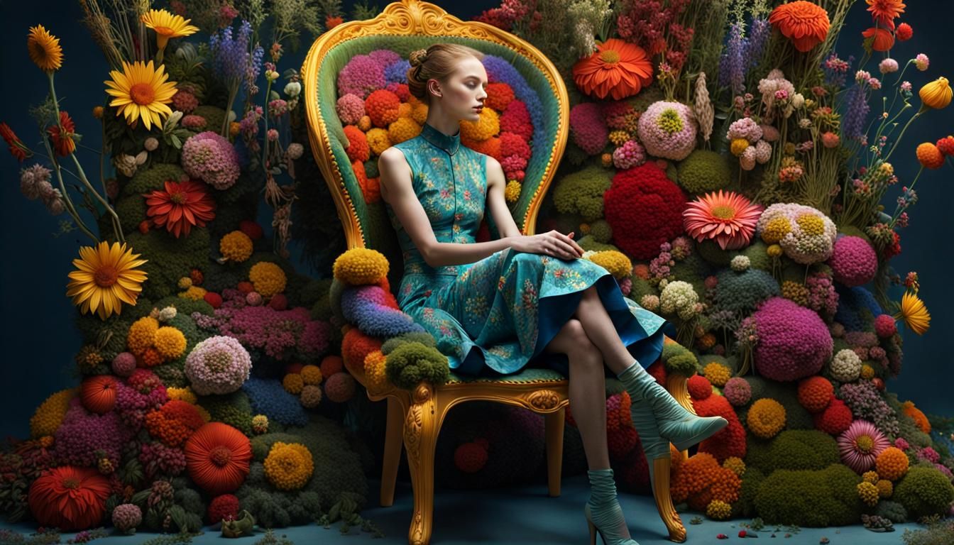 Model in Surreal Flower Chair: Digital Art