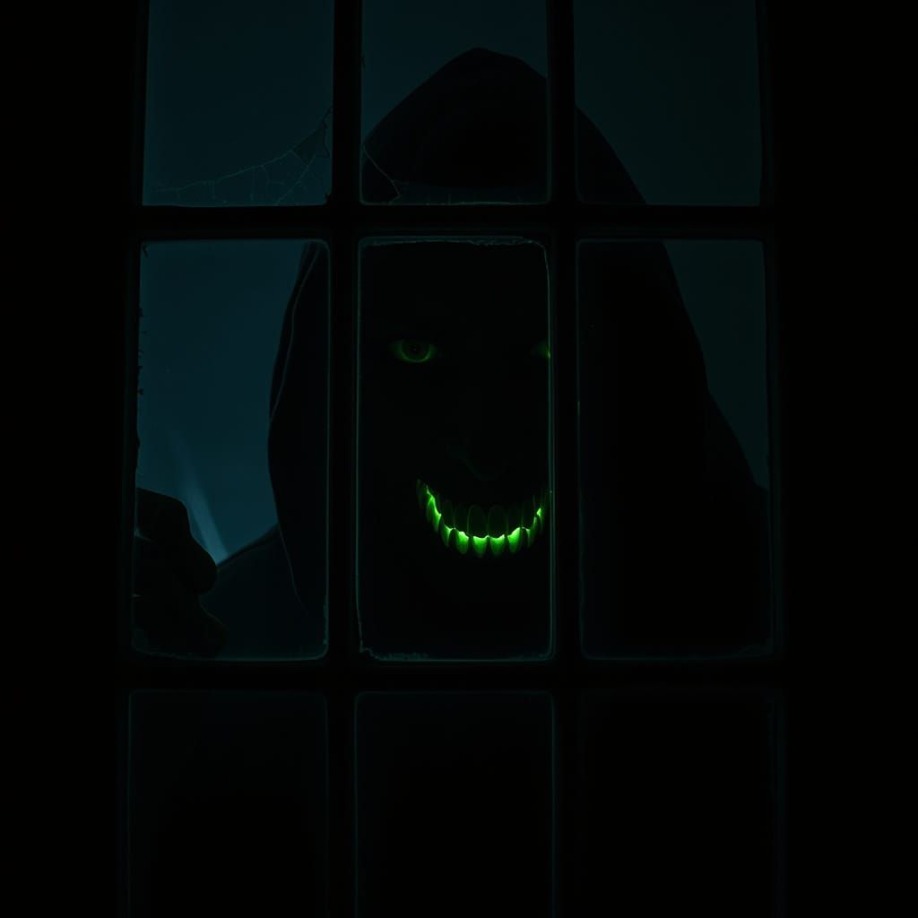 Gothic Figure Reveals Neon Green Teeth Through a Cracked Win...