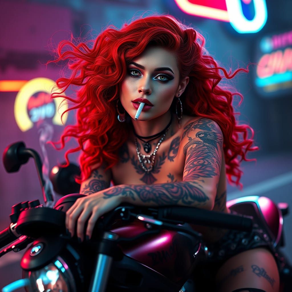 Rebellious Redheaded Rebel on a Black Motorcycle