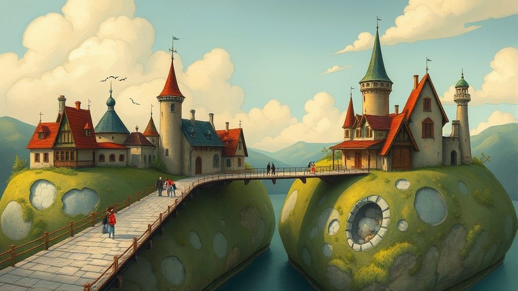 Whimsical Villages Connected by a Vibrant Market Bridge