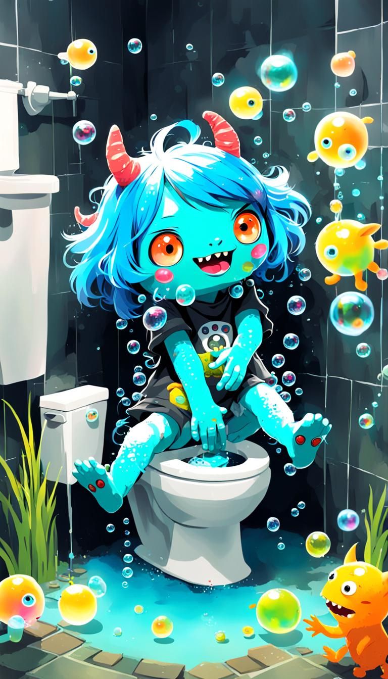 Random, masterpiece,Shy monster girl doing "potty dance",Animatronic puppet watch her, Vibrant anime style with playful ...