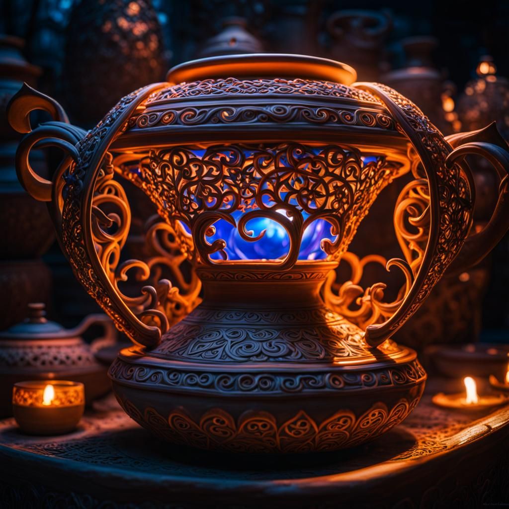 Enchanted Clay Pottery with Fireflies in HDR