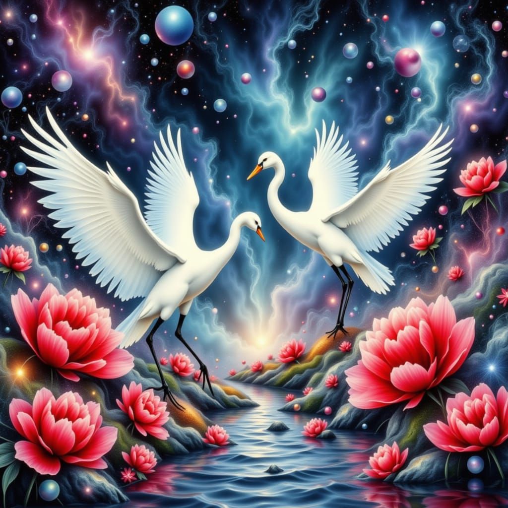 Graceful Cranes Among Red Peonies in Water