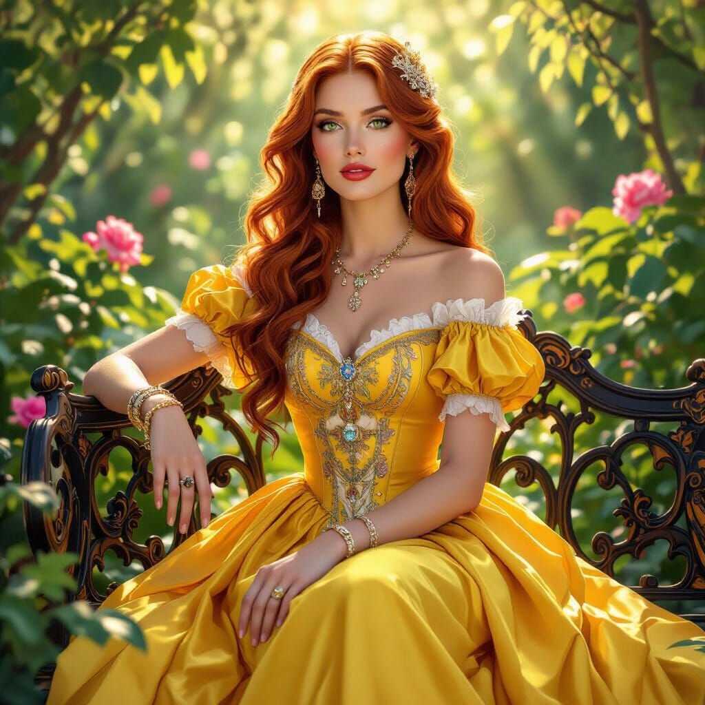 Redhead Queen in Botanical Garden, Art Nouveau Style