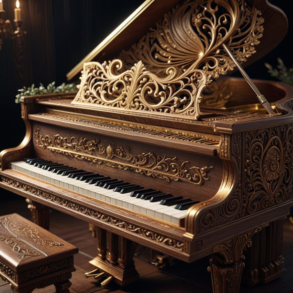 Magical Piano with Intricate Wood Carvings as 3D Art