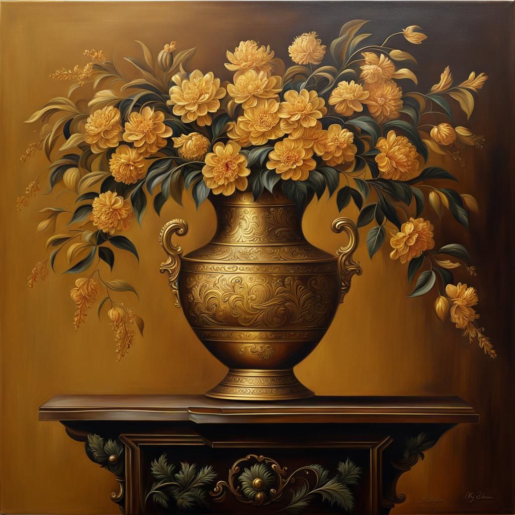Golden Vase Oil Painting on Brown Table