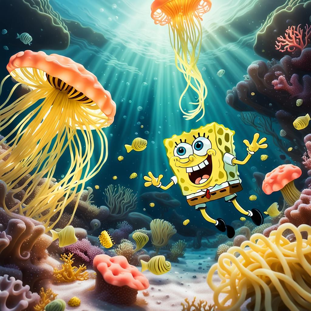 SpongeBob's Underwater Pasta Feast in Impressionist Style