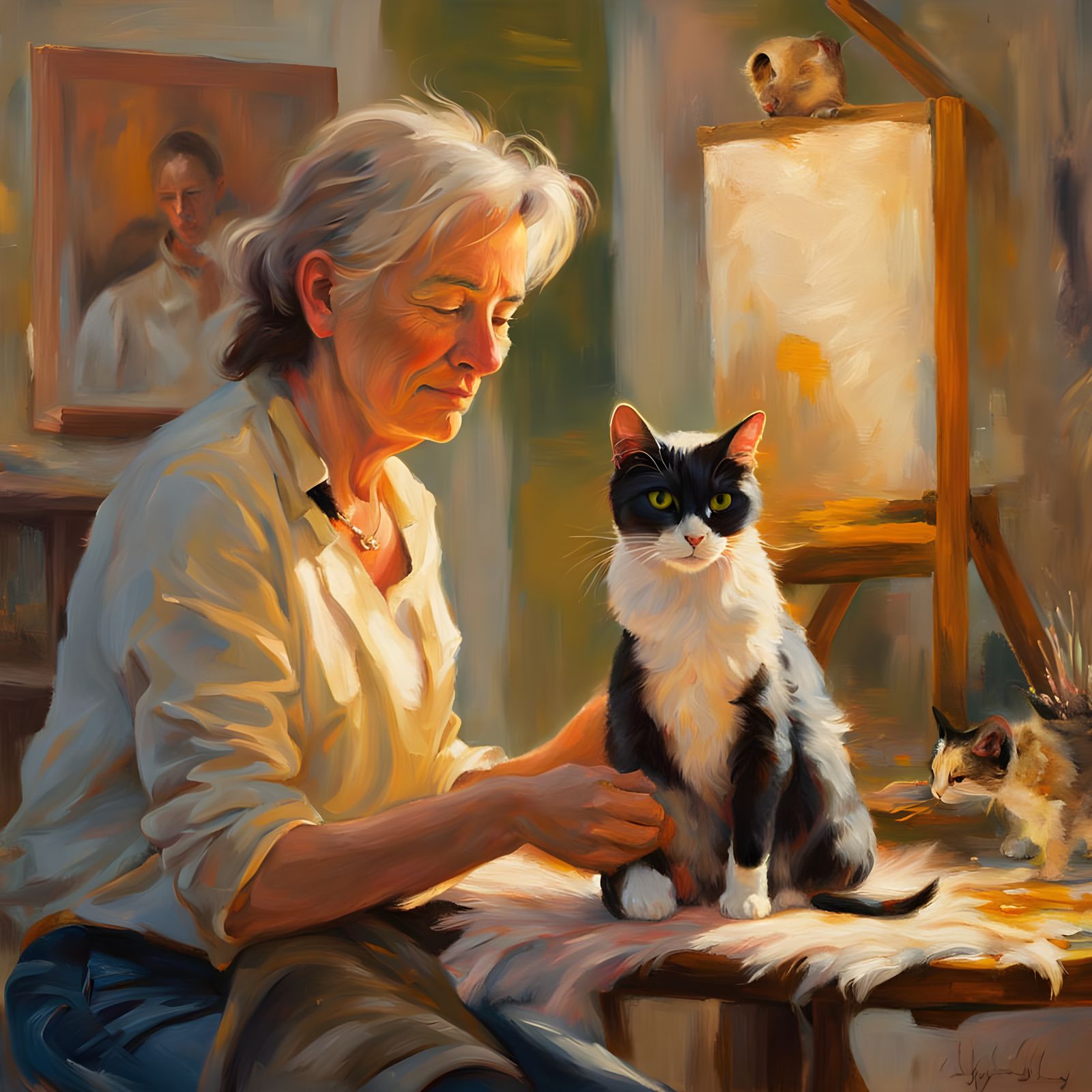 Cat Painting Portrait of Owner in Motion