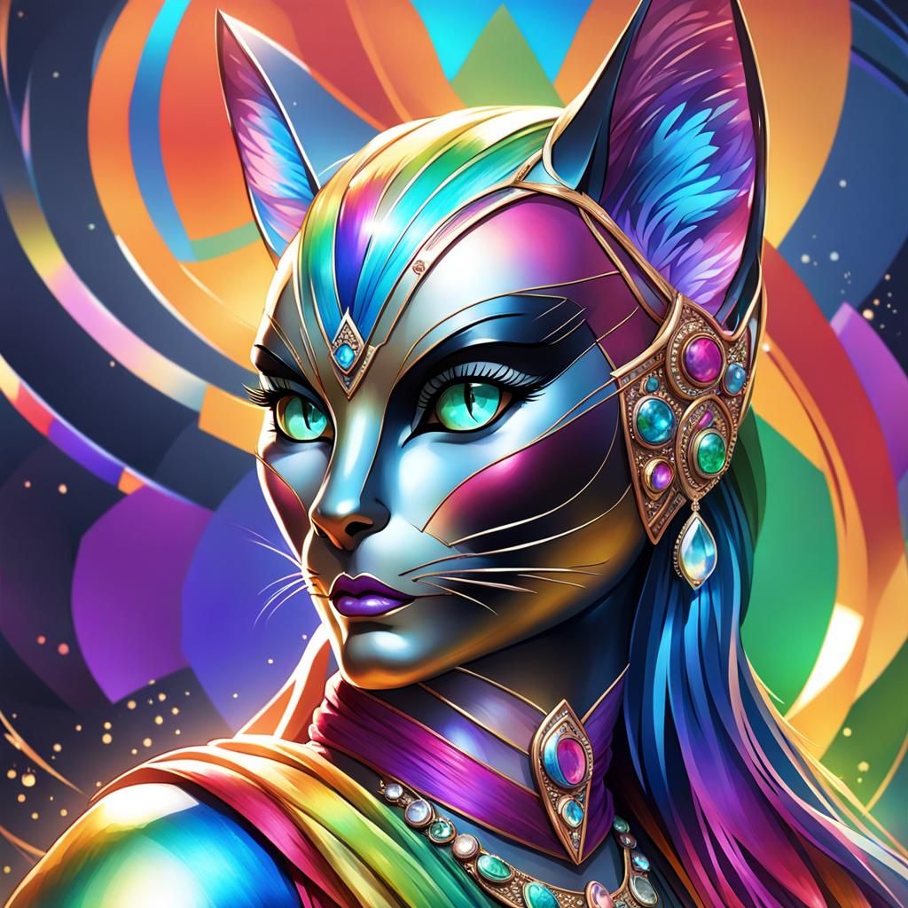 Calico Cat Woman in Rainbow Sari, Detailed Portrait