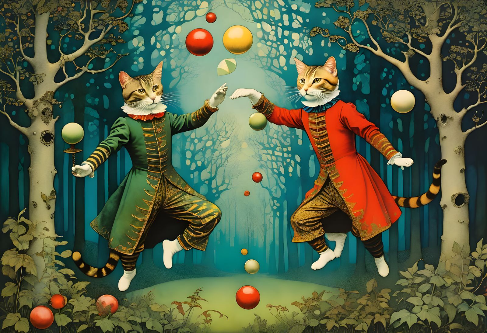 Two cat jesters practicing juggling