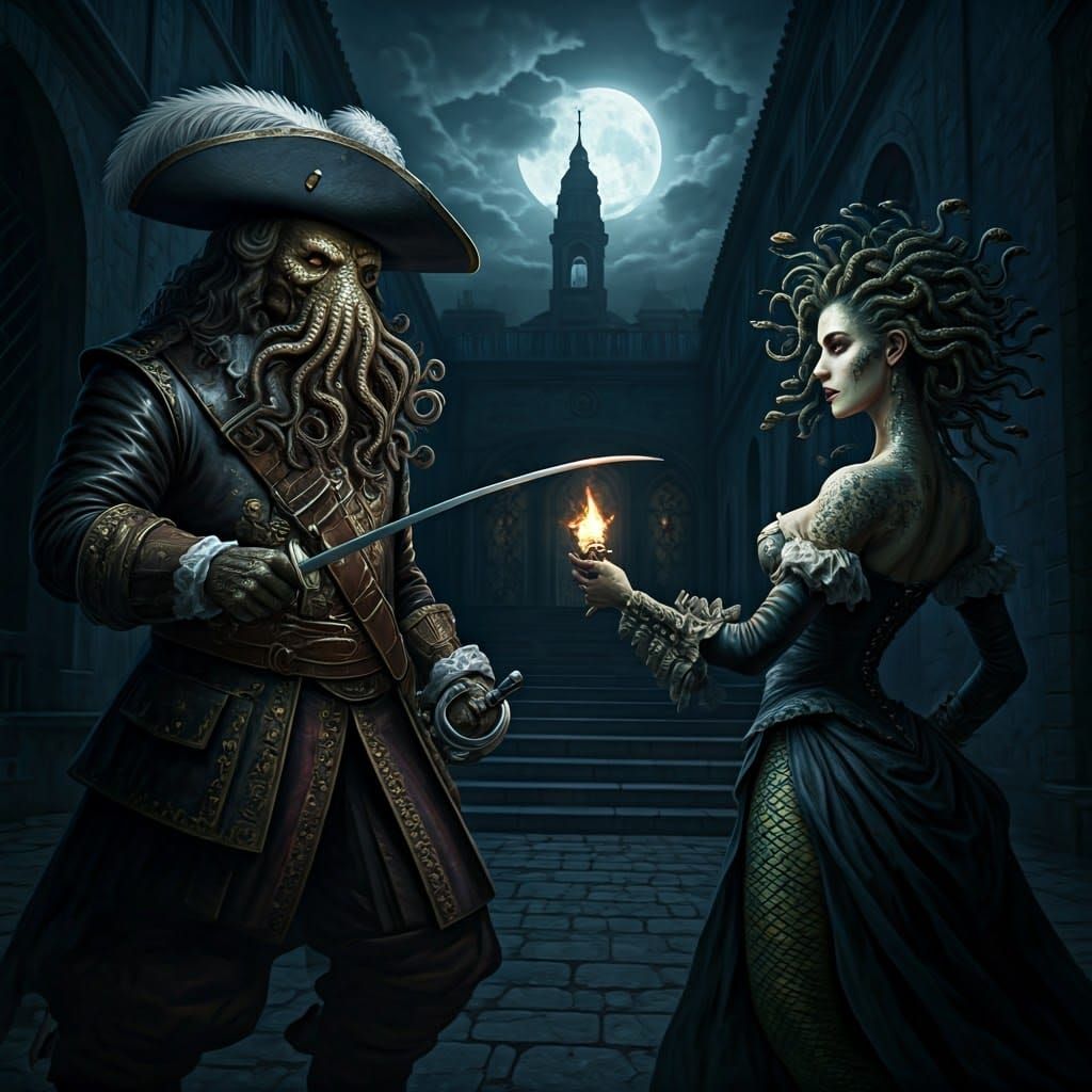 Cthulhu and Medusa Duel in Baroque Musketeer Style