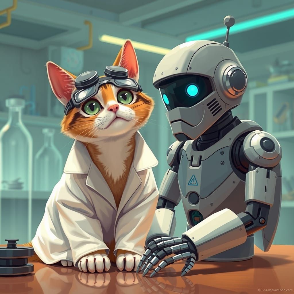 Futuristic Feline Collaborator in Industrial Laboratory