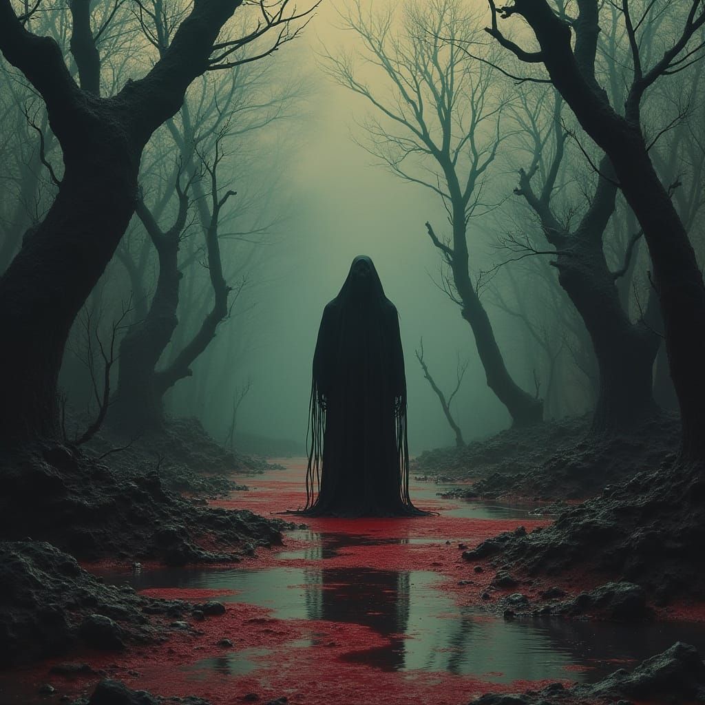Dark Gothic Horror Figure in Blood-Filled Bogwater