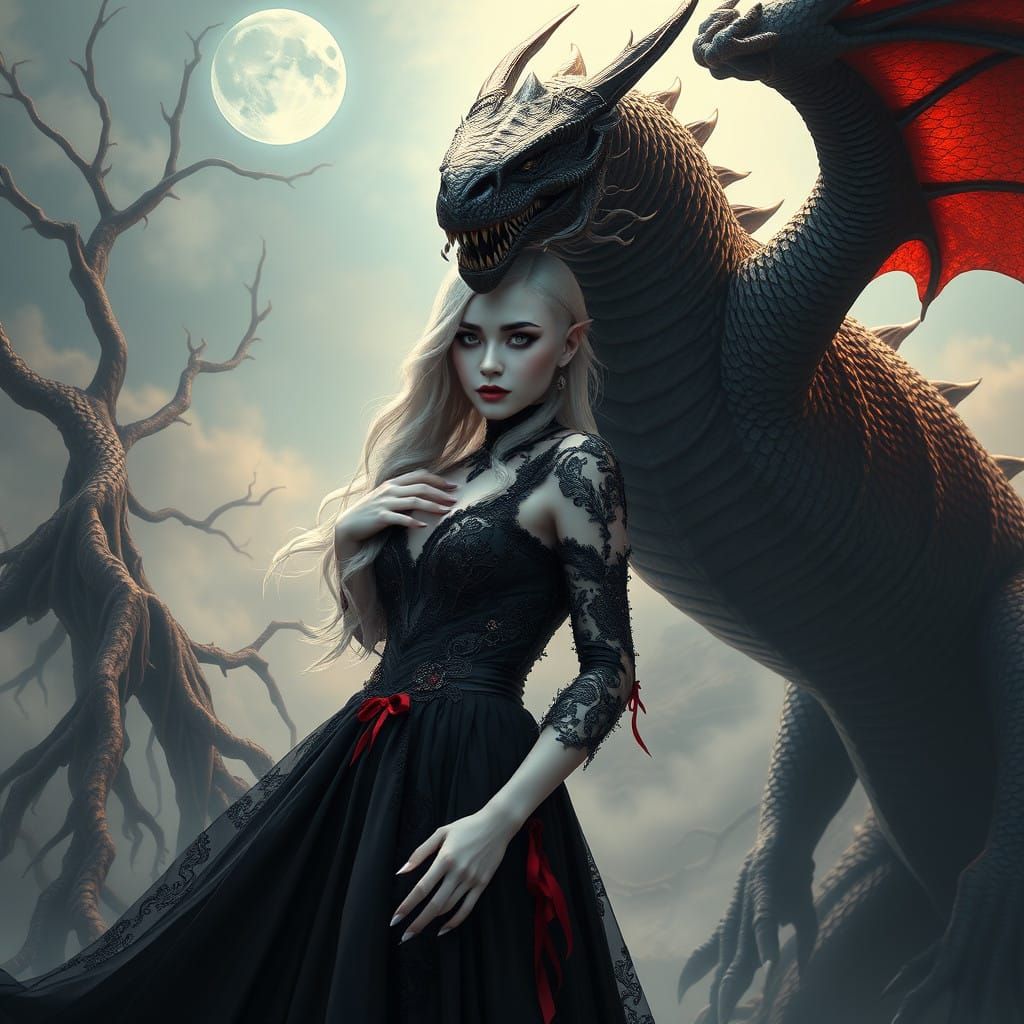 Regal Blonde Goth Woman with Majestic Dragon in Dreamlike La...
