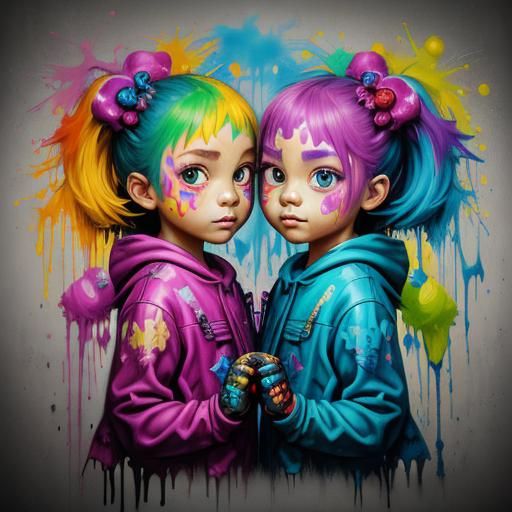 Colorful Graffiti Art: Happy Adorable Twins in Street Style