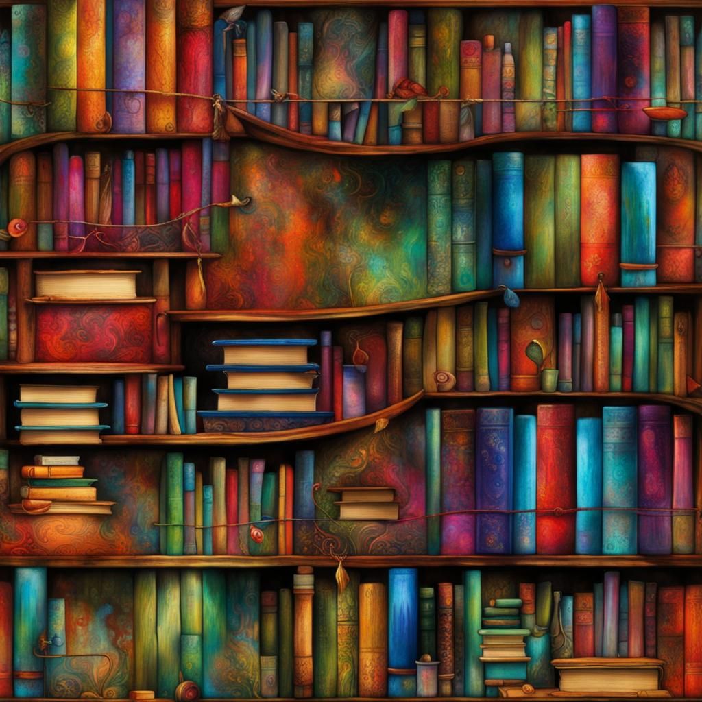 Fantasy Bookshelf in Abstract Art Style