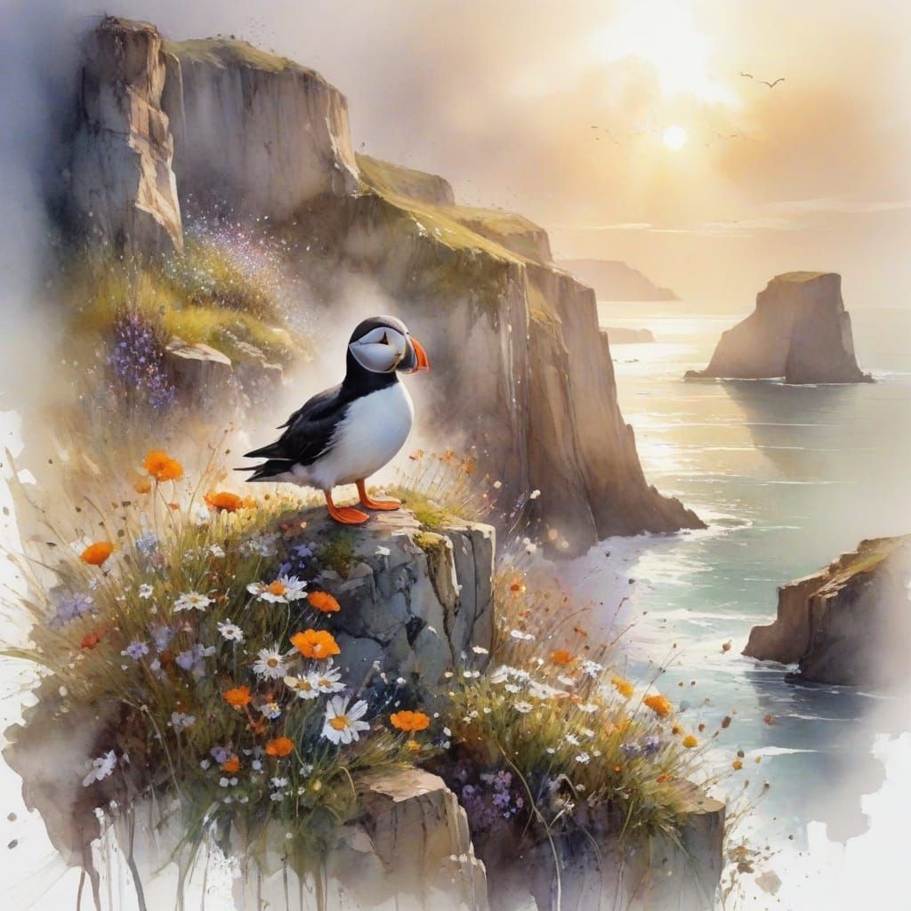 Puffin on Cliff in Expressive Watercolour Style