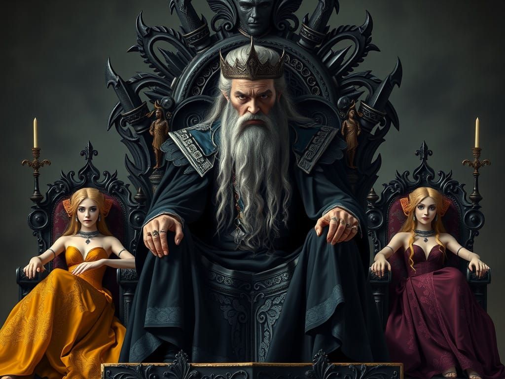 Majestic Dark Fantasy King Seated Amidst Two Maidens in Orna...