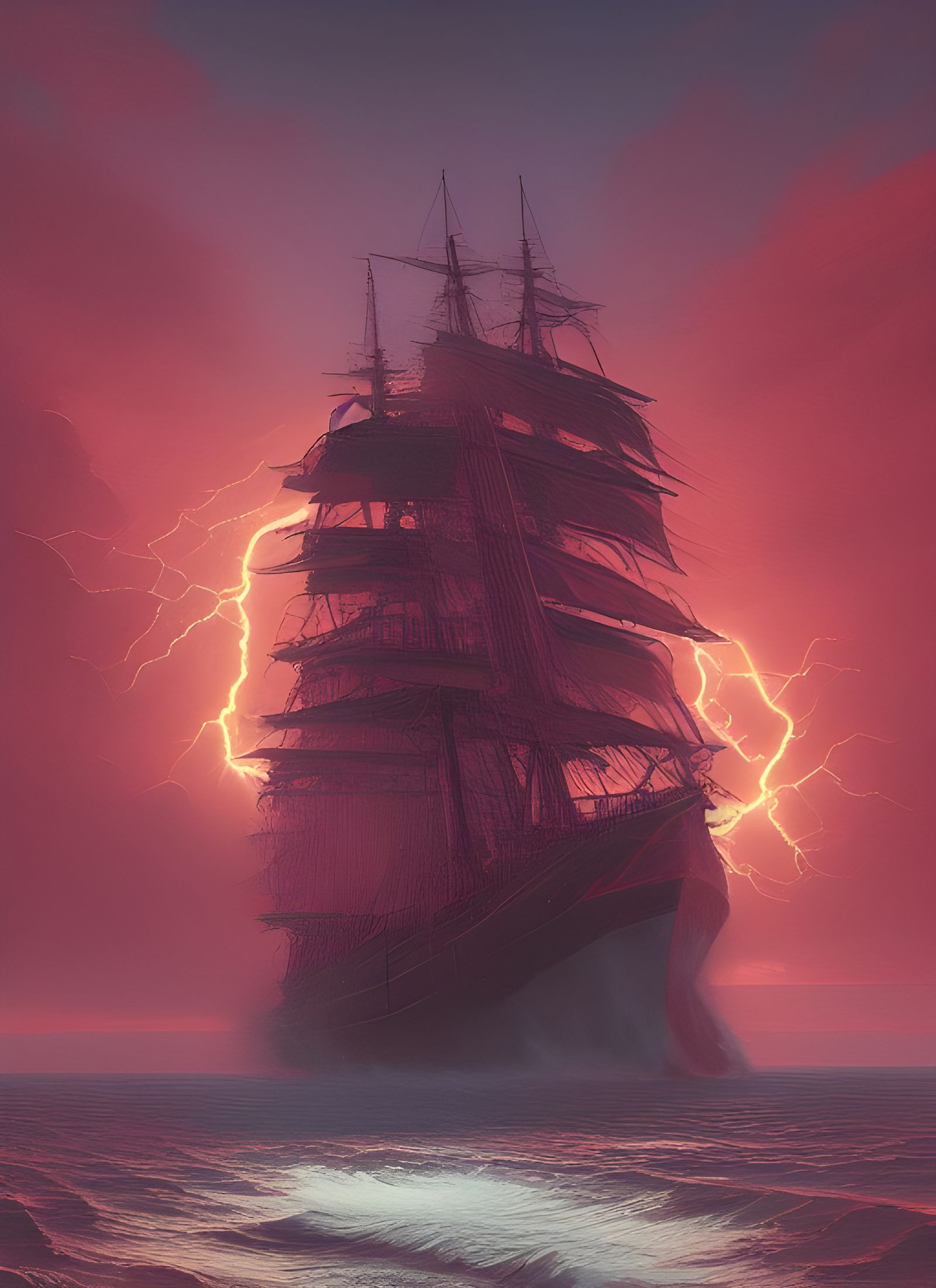 Grand Red Ship in Lightning Storm