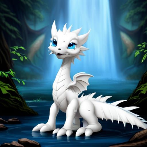 Smiling White Dragon by Lake Waterfall