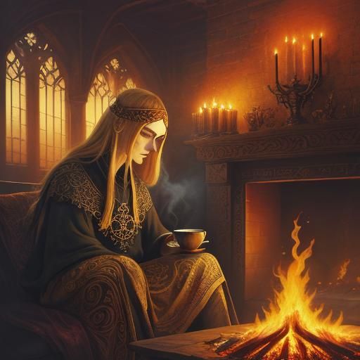 Mystical Phoenix Woman with Tea: Art Nouveau Style