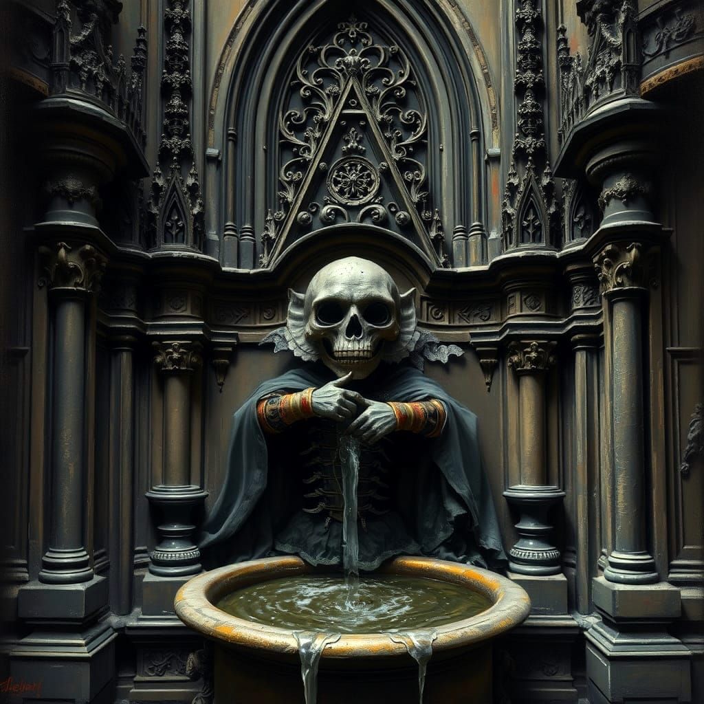 Gothic Cathedral as Manneken Pis in Dark Fantasy Style