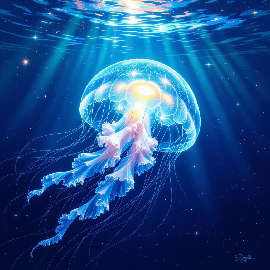 Bioluminescent Jellyfish in Cosmic Ocean: Art Nouveau Style