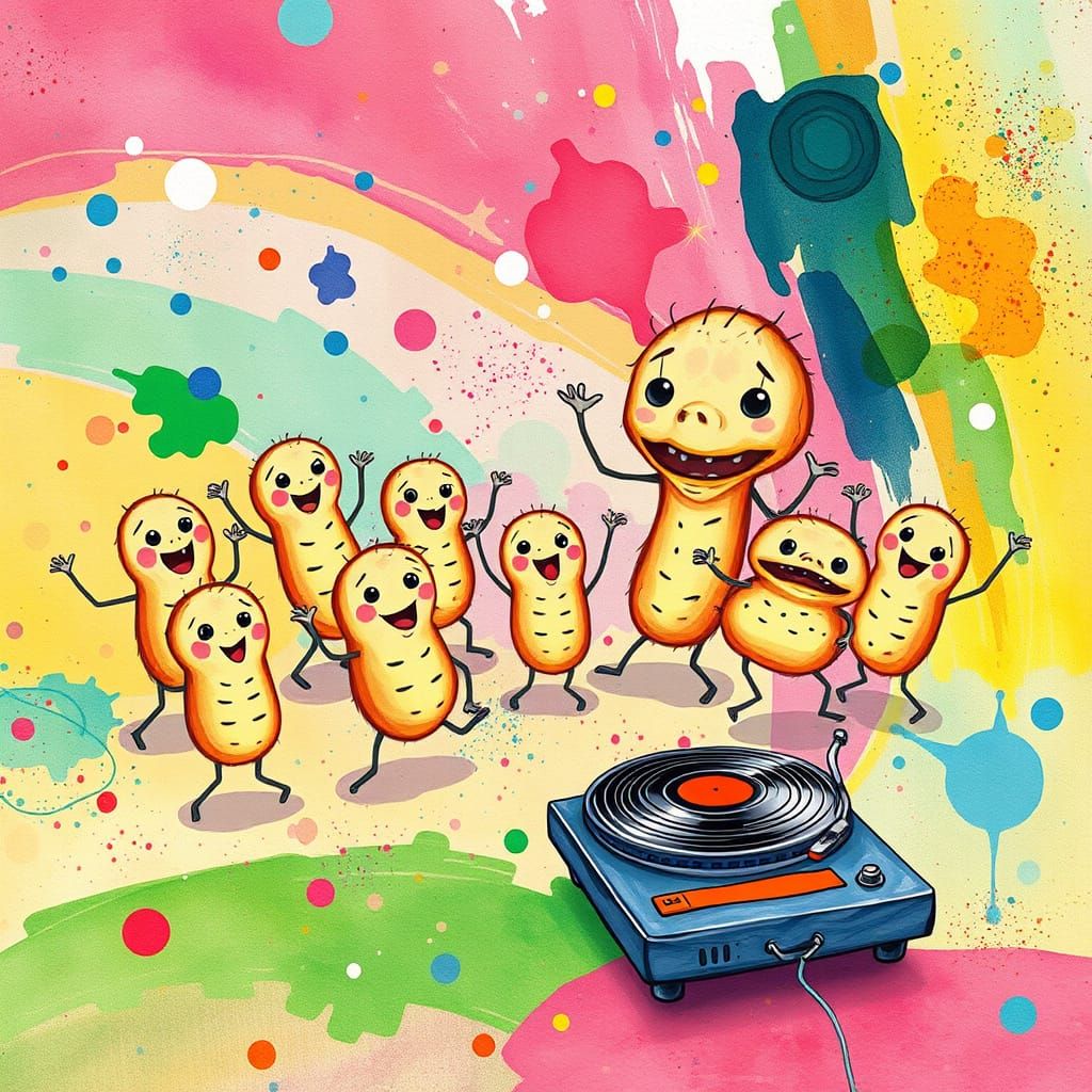 Joyful Bacteria Dance Party Illustrated in Watercolor Style