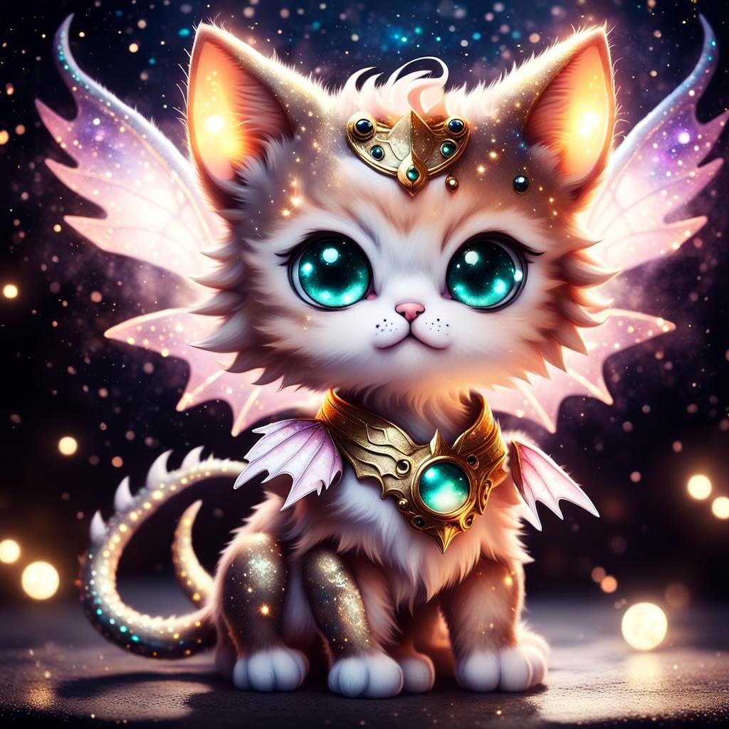 Chibi Cat with Dragon Wings in Cosmic Dust
