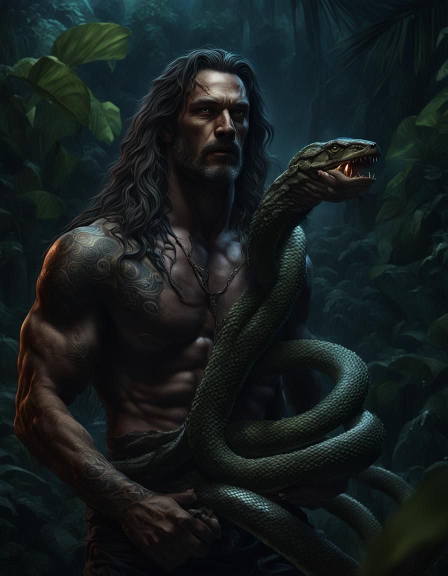 Gorgeous Man with Snake in Jungle at Night