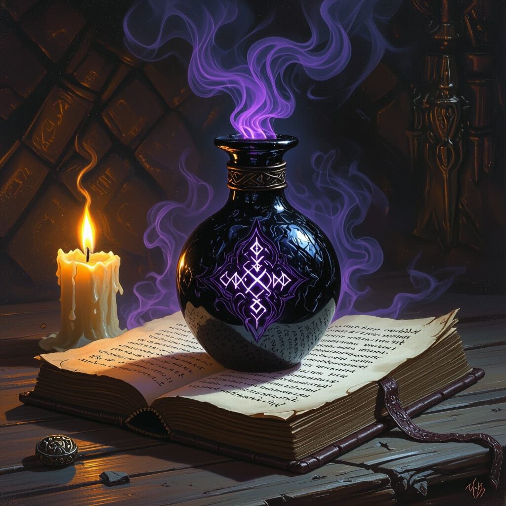 Obsidian Vial With Runes And Spellbook In Candlelight