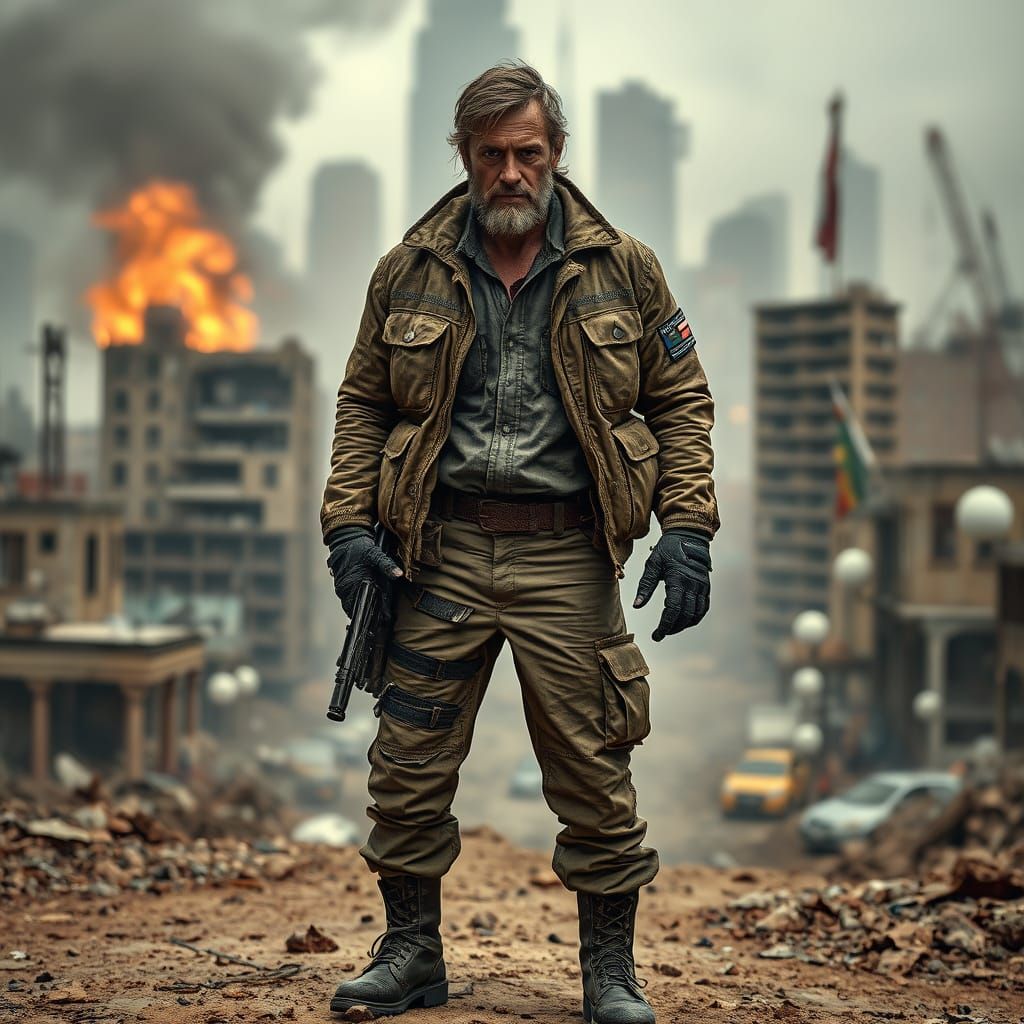 War-Torn Hero in Gritty Urban Landscape
