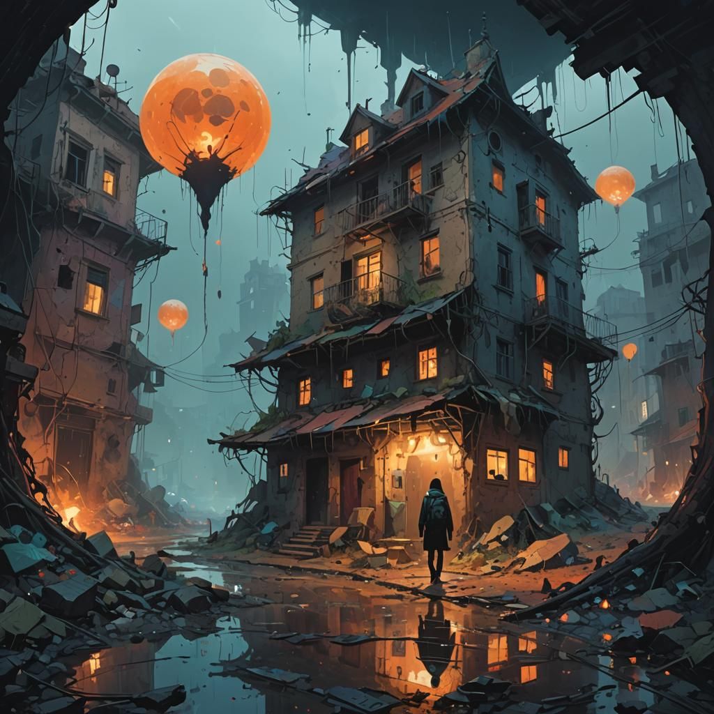 Expressionistic Haunted House with Magical Creatures