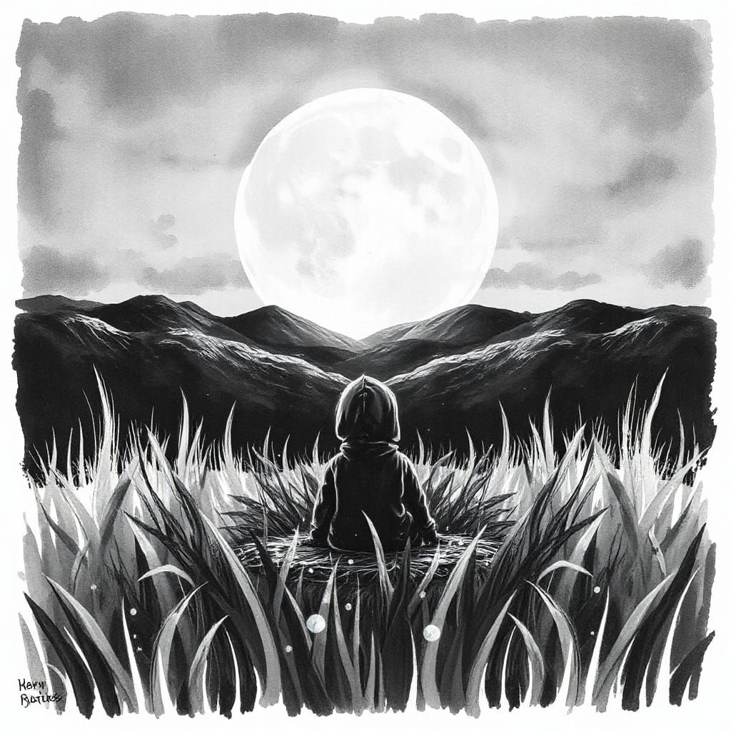 Figure in Tall Grass Gazes at Moonlit Hills, Monochrome Wate...
