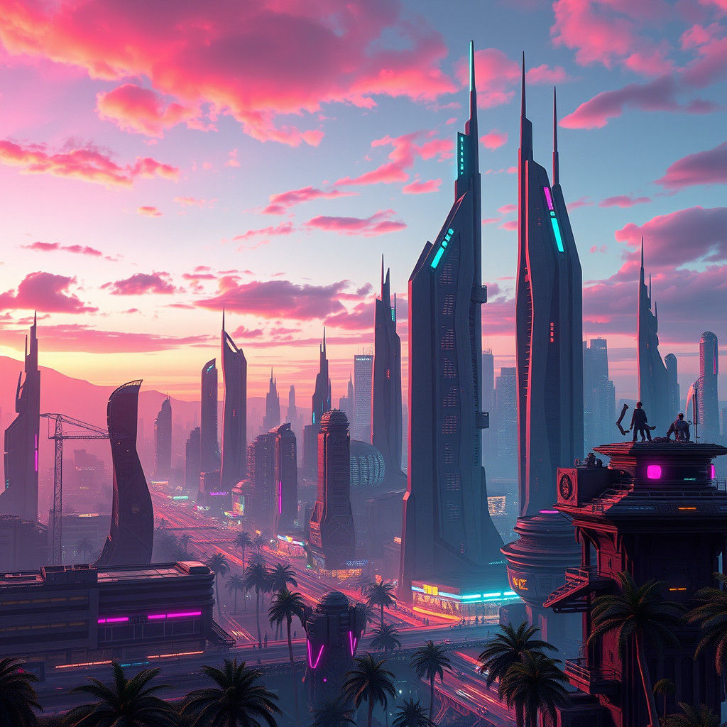Futuristic Cityscape at Dusk in Photorealistic Style