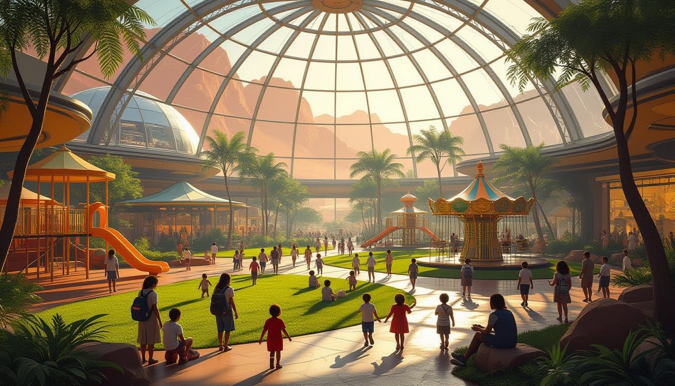 Vibrant Mars Biodome Marketplace with Diverse Families