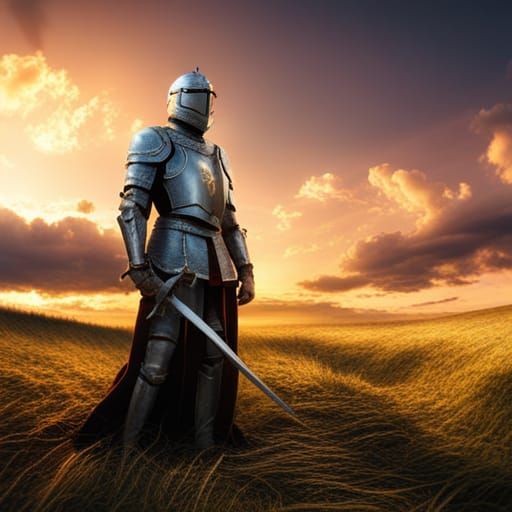Knight's Sword at Sunset: Epic Cinematic Scene