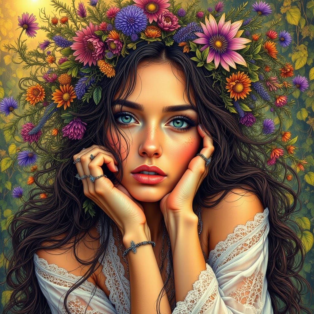 Bohemian Portrait of a Woman Embraced by Passionflower Vines