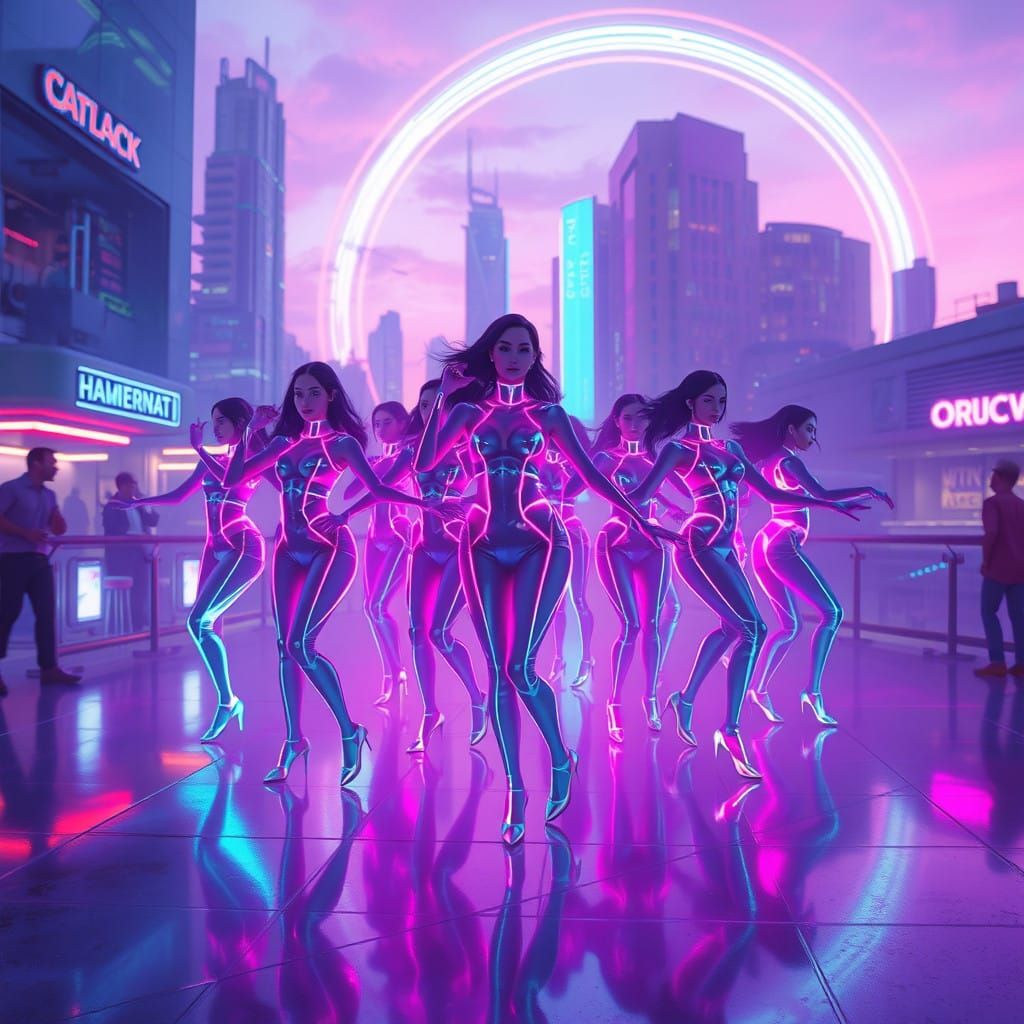 Holographic Dancers in Retro-Futuristic Cityscape