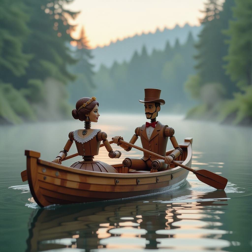 Wooden Automata Couple Paddling Canoe in Steampunk Style