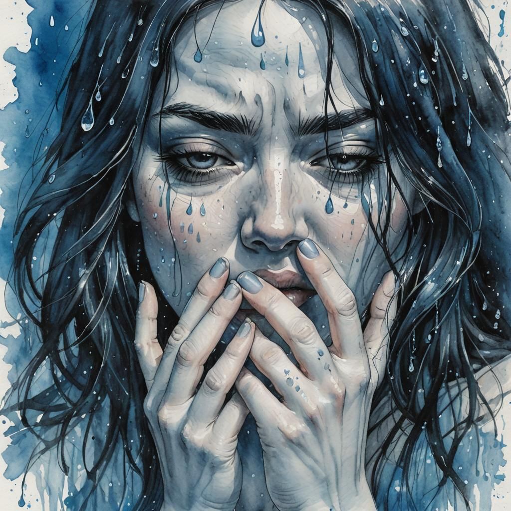 Crying Woman Pencil Drawing with Watercolor Accents