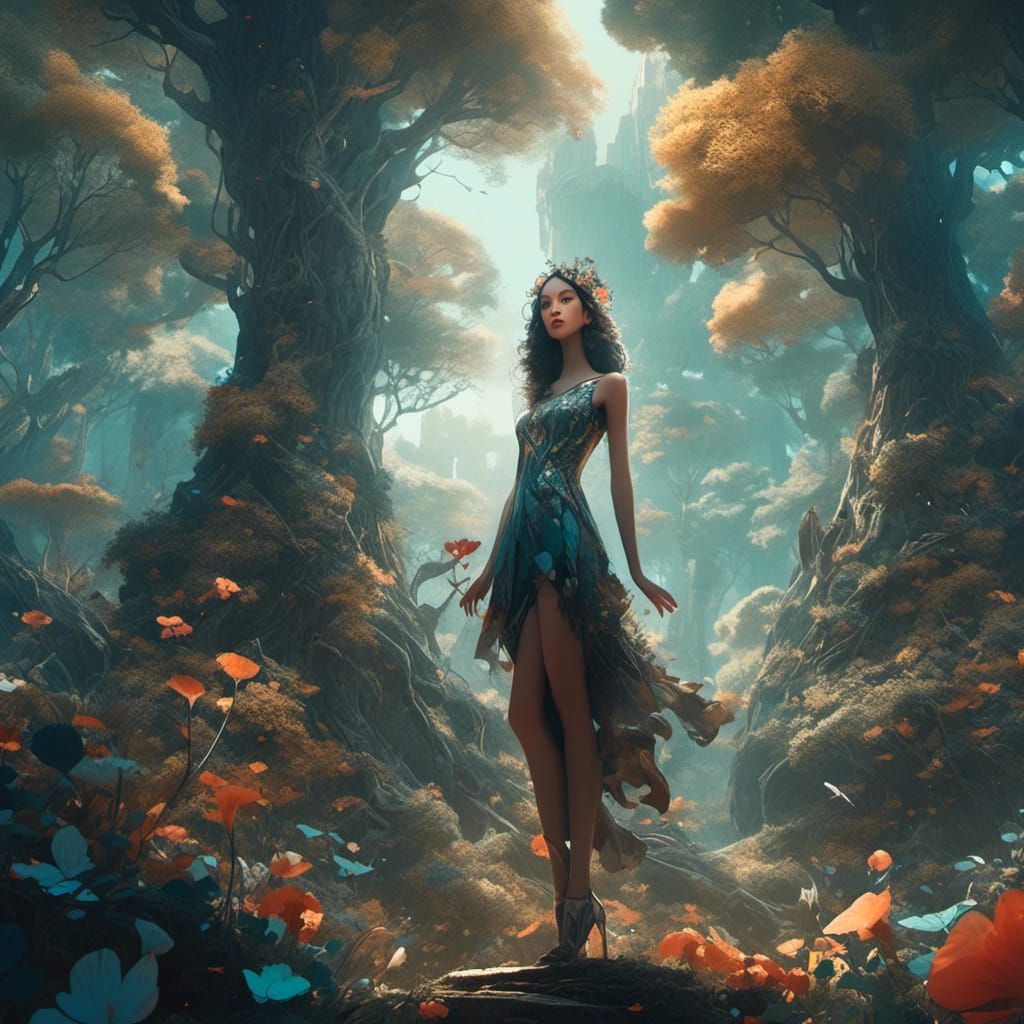 Fantasy Woman in Enchanted Landscape, Detailed Digital Art