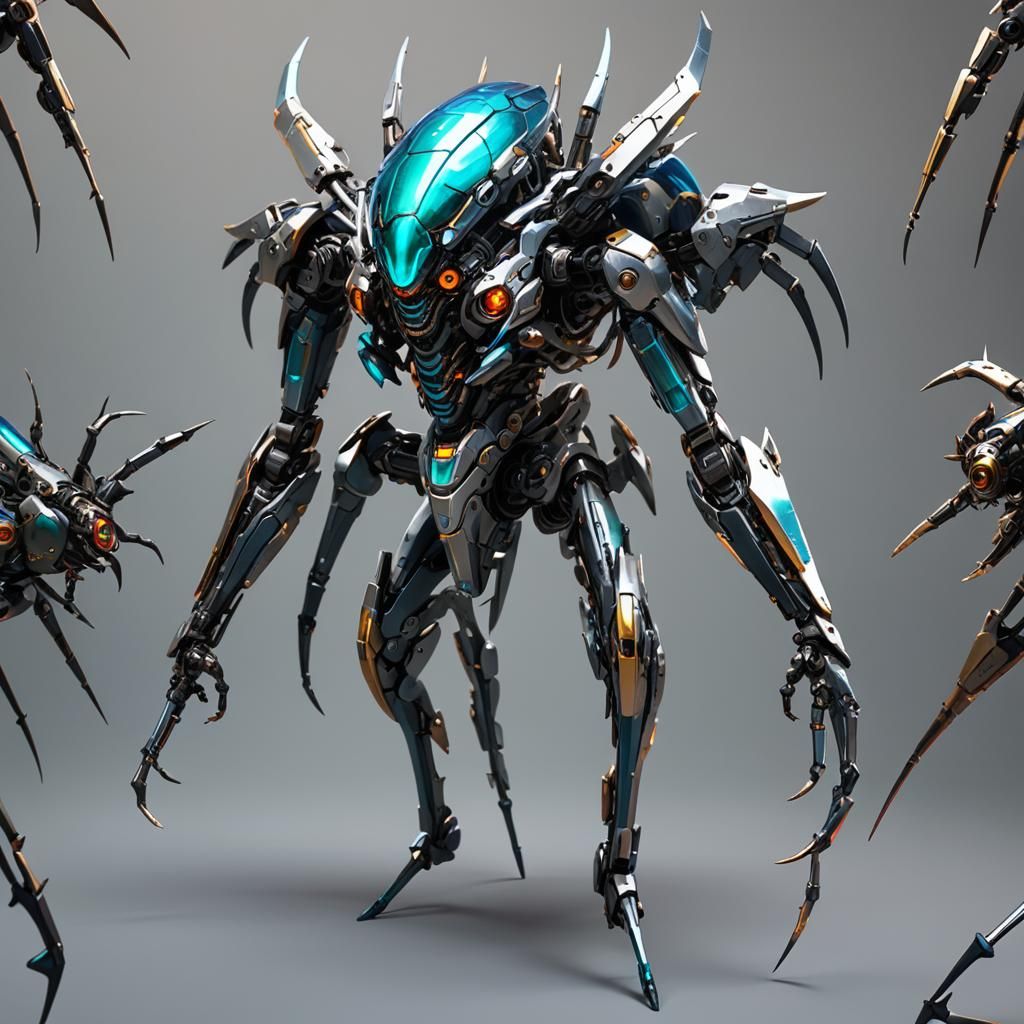 iridescence mecha, spider form.  saw blades per leg segment, needle feet. realistic side lighting.